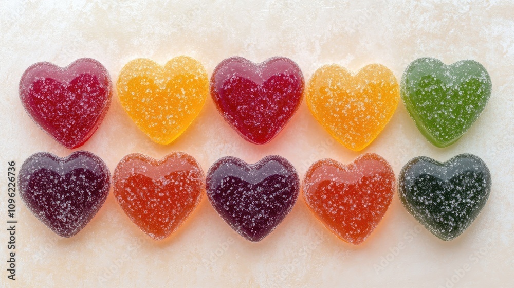 Fototapeta premium Heart-shaped gummy candies in a rainbow of colors arranged neatly, showcasing vibrant hues of red, yellow, green, and purple against a light backdrop.