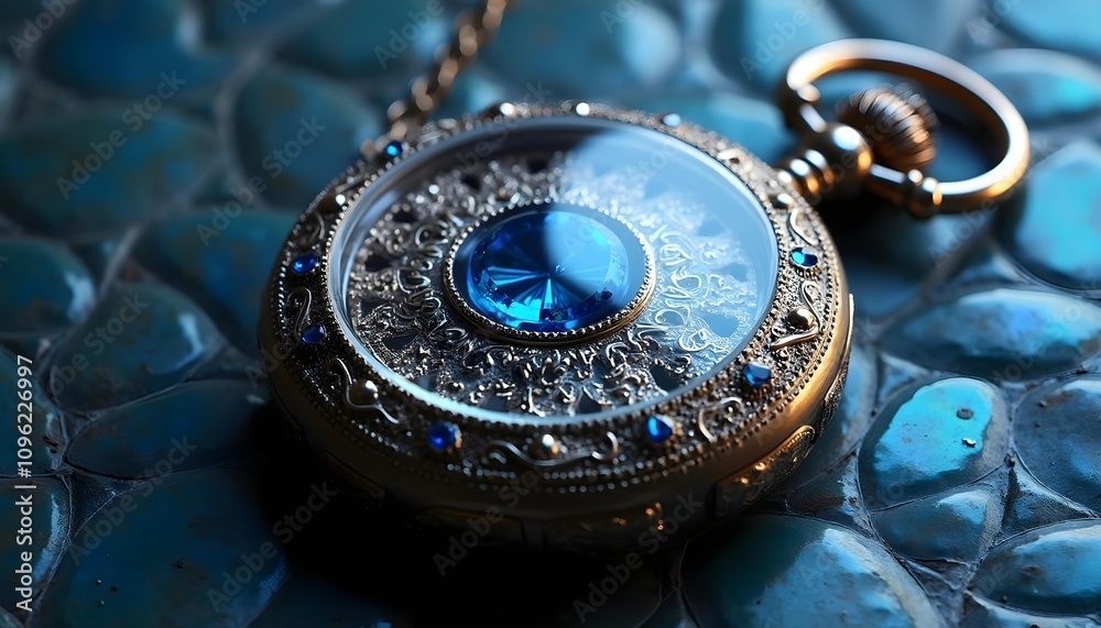A delicate and gorgeous pocket watch with a finely carved metal casing. There is a blue gemstone with a vortex pattern in the center of the dial. A delicate and gorgeous pocket watch with a finely carved metal casing. There is a blue gemstone with a vortex pattern in the center of the dial.