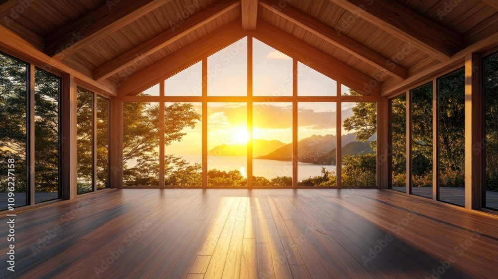 Spacious interior with oak wooden beams and large windows showcasing a stunning sunset view, perfect for product presentations and 3D renderings.