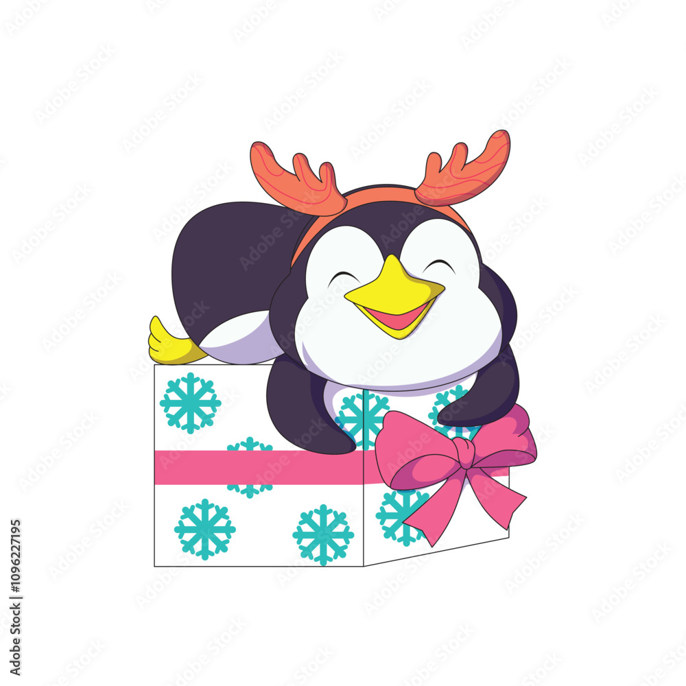 Fototapeta premium a penguin with a deer antler headband hugs a gift