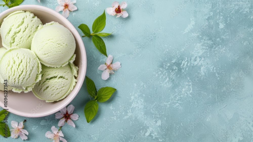Green ice cream in a bowl with flowers and leaves. Green ice cream in a bowl with flowers and leaves.