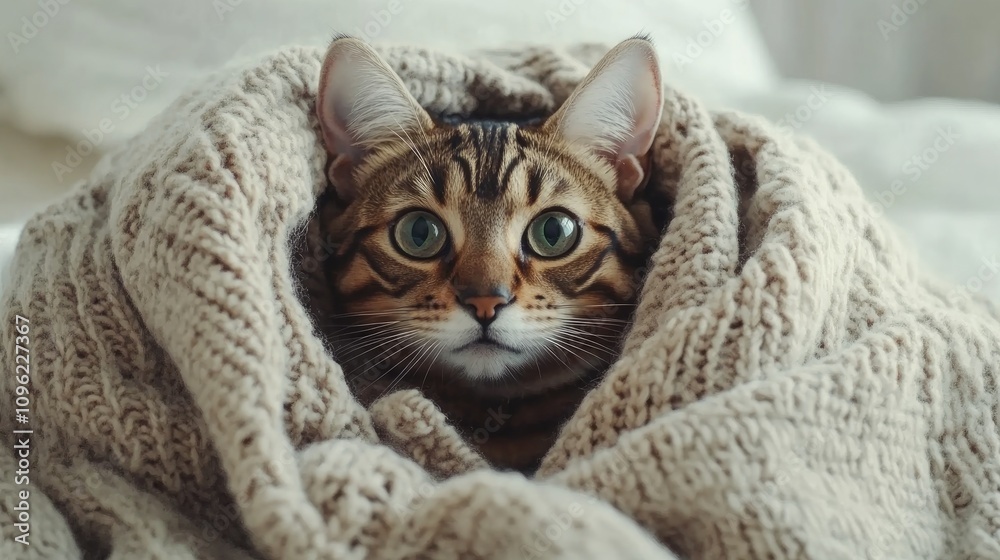 Bengal cat snuggled warmly in a soft, knitted beige sweater, featuring striking green eyes and a relaxed expression against a softly lit background. Bengal cat snuggled warmly in a soft, knitted beige sweater, featuring striking green eyes and a relaxed expression against a softly lit background.