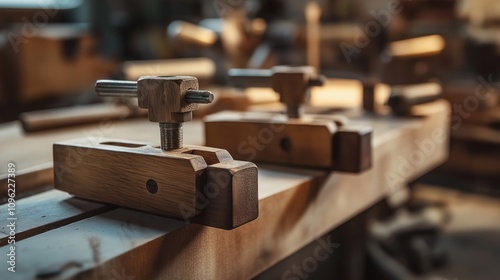 Wooden Clamps Displayed on Workbench Surface