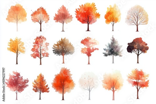 watercolor style illustration of various type of trees, summer and autumn collection set isolated on white background, Generative Ai  photo