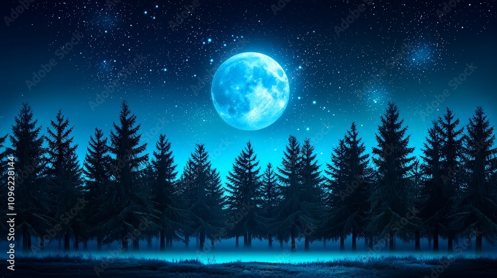 Fototapeta premium Enchanting Silhouettes of Tall Pine Trees Under the Serene Glow of a Bright Moon in a Starry Night Sky