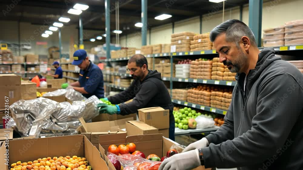 Volunteers sorting fresh produce in a community food pantry