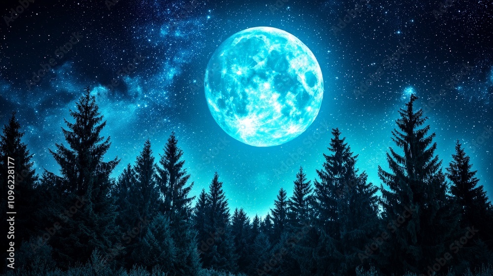 Scenic Silhouettes of Tall Pine Trees Illuminated by a Brilliant Moonshine with a Starry Night Sky and Ethereal Glow Above the Forest Landscape Scenic Silhouettes of Tall Pine Trees Illuminated by a Brilliant Moonshine with a Starry Night Sky and Ethereal Glow Above the Forest Landscape