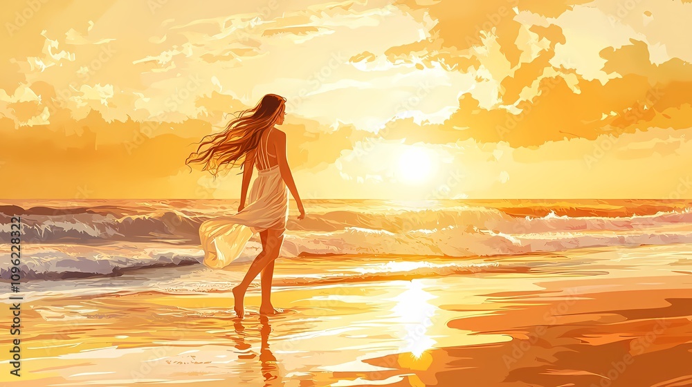 Serene Sunset Walk on the Beach with Gentle Waves and a Flowing Dress, Embracing the Golden Horizon and Tranquil Ocean Vibes Serene Sunset Walk on the Beach with Gentle Waves and a Flowing Dress, Embracing the Golden Horizon and Tranquil Ocean Vibes