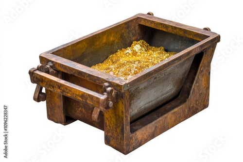 A vintage ore cart filled with shiny gold and minerals. This historical piece captures the essence of mining and treasure seeking. Explore the beauty of craftsmanship. Generative AI photo