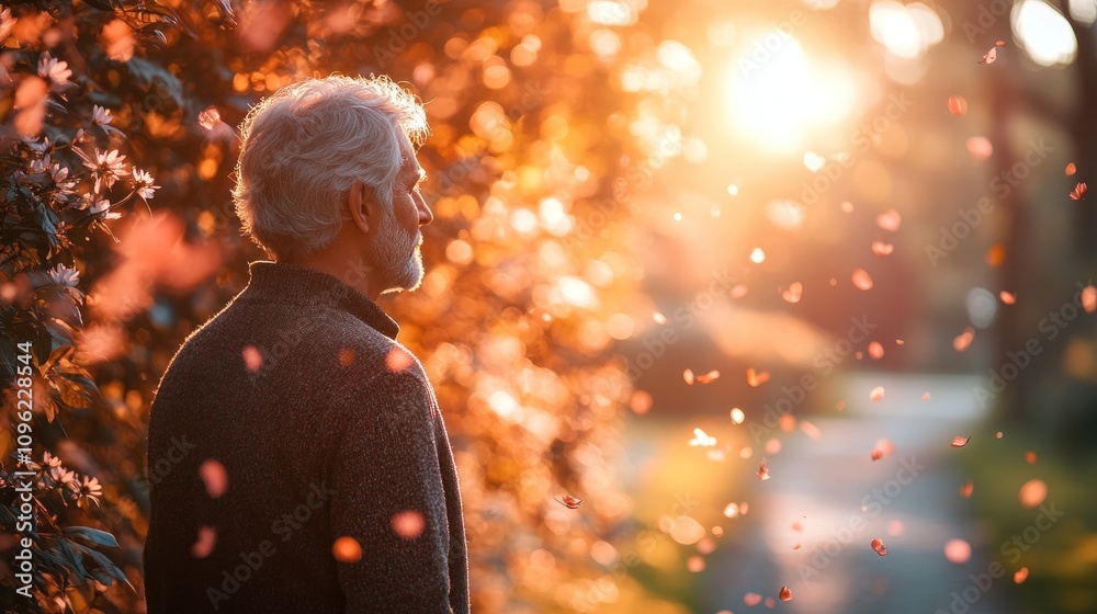 Fototapeta premium Golden Hour Serenity: An Elderly Man Contemplates Amidst Falling Petals