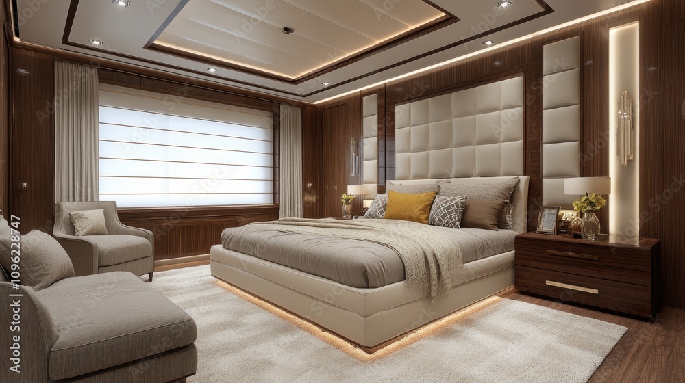 Stylish contemporary bedroom with plush upholstery, elegant wood accents, and ambient lighting creating a cozy and inviting atmosphere.