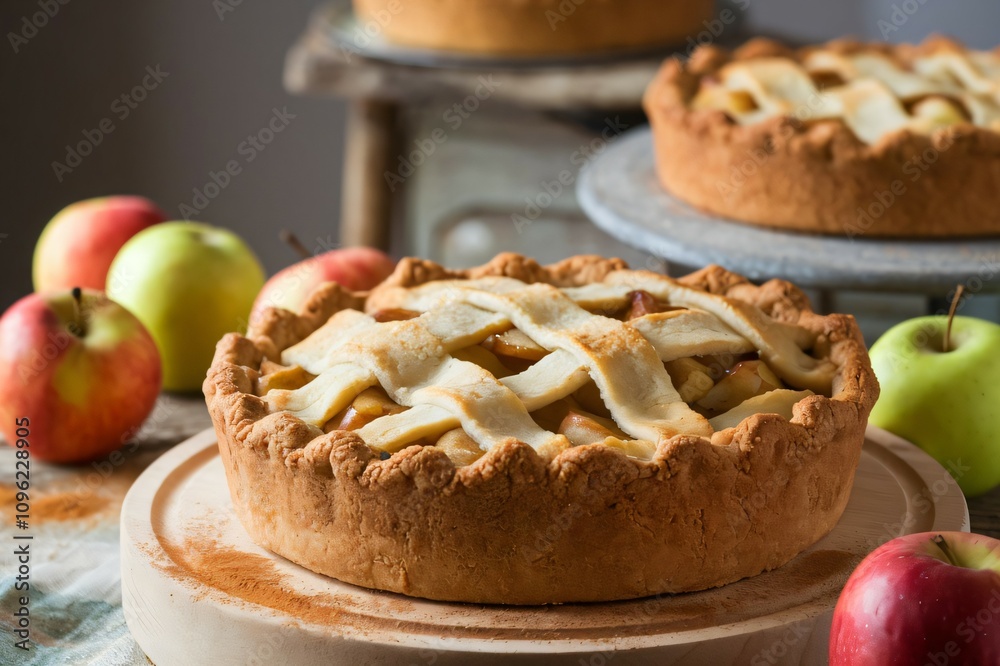 Golden-Brown Apple Pie with Lattice Crust, Fresh Apples, and Cinnamon on Wooden Board in Cozy Kitchen Setting Golden-Brown Apple Pie with Lattice Crust, Fresh Apples, and Cinnamon on Wooden Board in Cozy Kitchen Setting