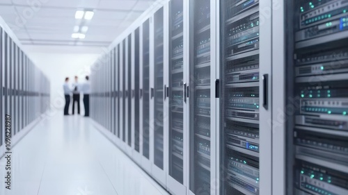Team of IT professionals consolidating servers to reduce maintenance costs and energy usage   server consolidation, cost savings