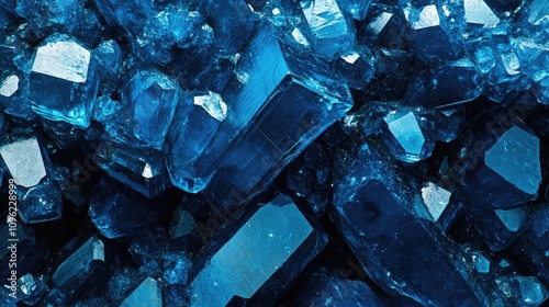 Blue copper sulfate crystals magnified at 4x, displaying intricate shapes and structures with shimmering facets, creating a vivid, textured appearance in a compact area measuring 9mm.