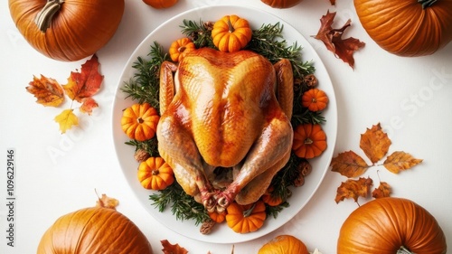 Thanksgiving dinner in the USA, with a table filled with turkey, pumpkins, and autumnthemed decor   Thanksgiving, USA, festive feast photo