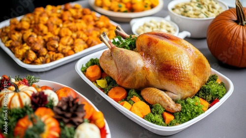 Thanksgiving dinner in the USA, with a table filled with turkey, pumpkins, and autumnthemed decor   Thanksgiving, USA, festive feast photo