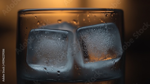 Close-up of two ice cubes in a glass, condensation forming on the outside of the glass.