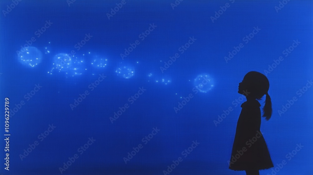 Silhouette of child blowing glowing bubbles against blue background