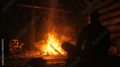 Contemplation by the Fire: A Serene Night in a Rustic Cabin