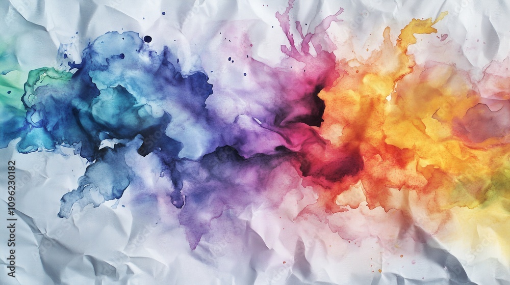 Fototapeta premium A dynamic and energetic display of abstract watercolor explosions and cascading washes, evoking a sense of movement and vitality on a wrinkled paper canvas.