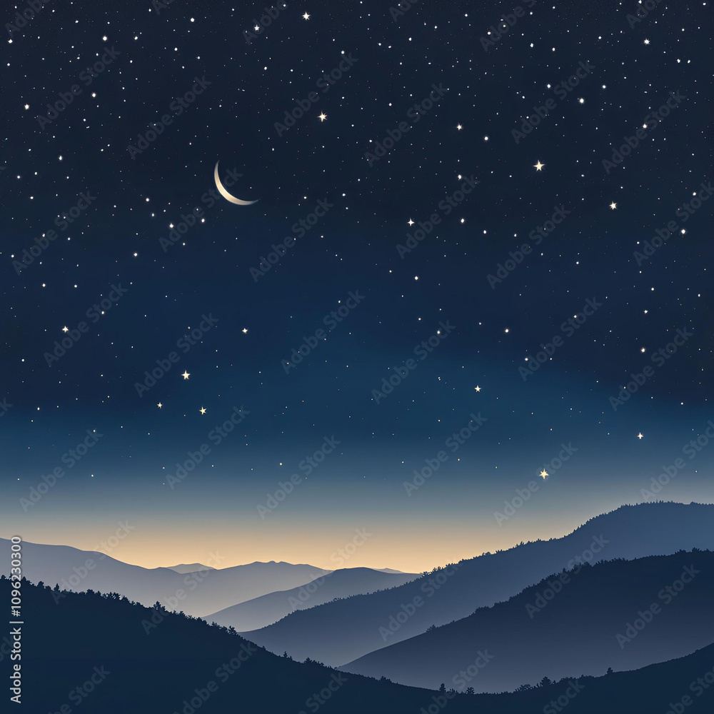 Painting of starry night sky with moon and stars shining over hills, dawn rising Painting of starry night sky with moon and stars shining over hills, dawn rising