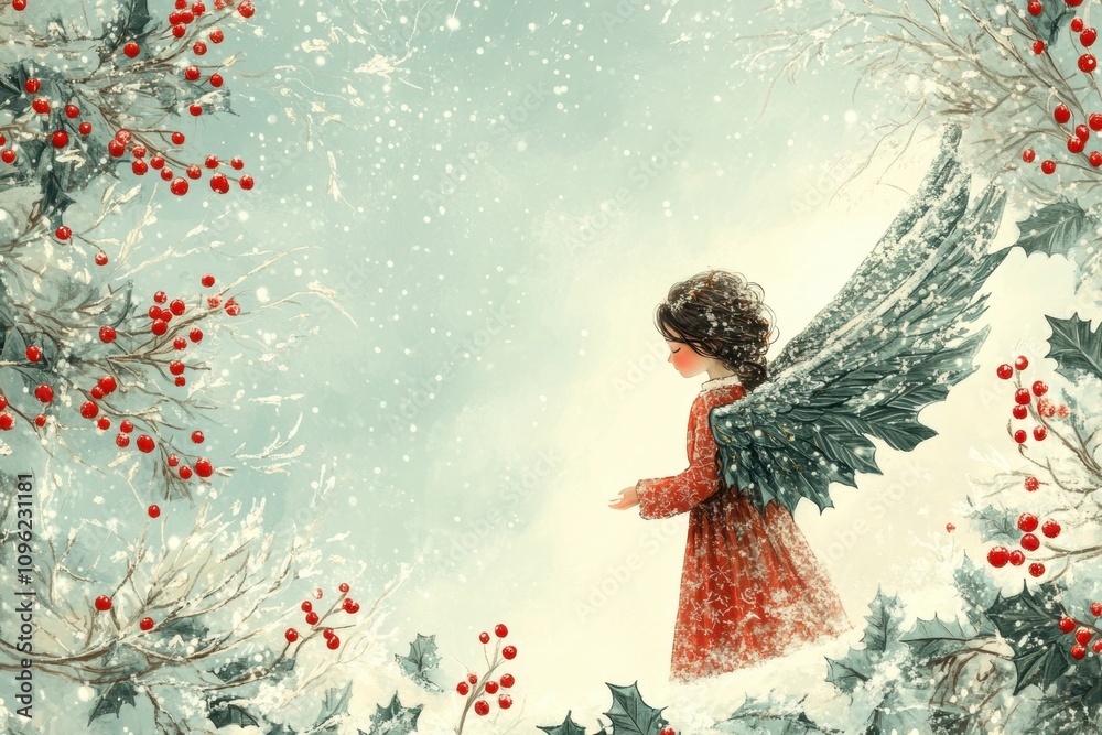 holiday angel illustration, festive christmas angel art, surrounded by holly and berries, against a peaceful winter sky holiday angel illustration, festive christmas angel art, surrounded by holly and berries, against a peaceful winter sky