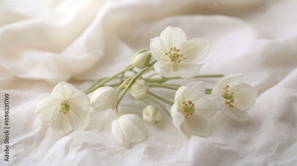 Fototapeta premium A stunning arrangement of delicate white flowers with green buds delicately draped on a soft, textured white fabric background, creating a serene and peaceful atmosphere.