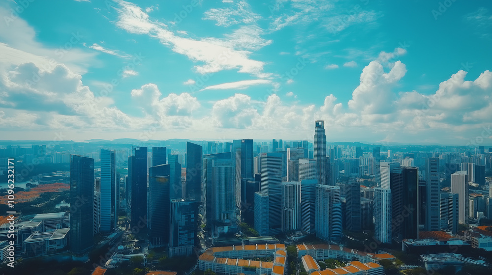 Obraz premium Modern Skyline with High-Rise Office Buildings under Blue Sky