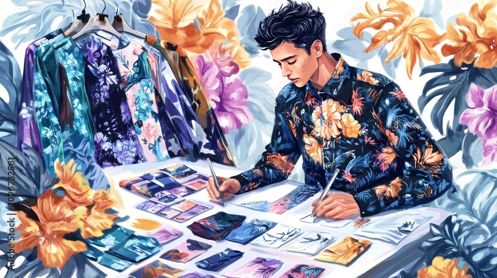 Fototapeta premium A designer sketches floral patterns while surrounded by vibrant fabrics and artwork.