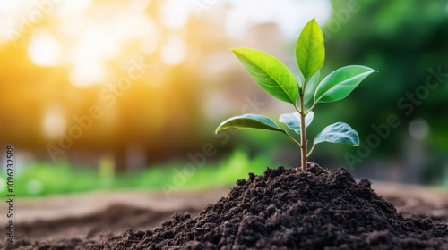 Fresh Green Seedling Emerges from Dark Rich Soil Against a Beautiful Blurred Background Symbolizing Growth, Hope, and New Beginnings in Nature's Embrace