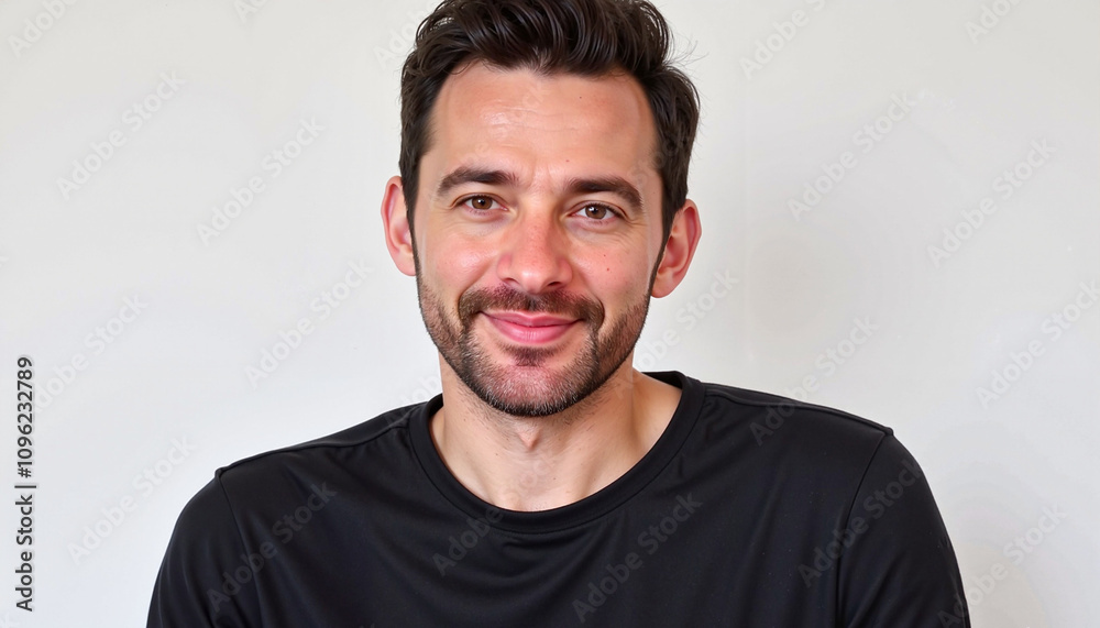 Smiling man in black shirt against plain white background. Smiling man in black shirt against plain white background.