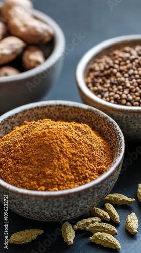Aromatic spices in rustic bowls: vibrant turmeric powder, whole nutmegs, and cardamom pods create a sensory journey through exotic flavors and culinary traditions.