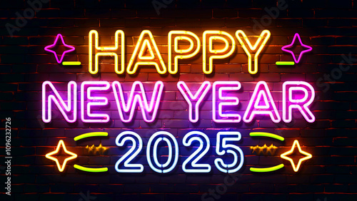 A neon sign effect for 'Happy New Year 2025.' Use bright neon colors against a dark brick wall background for contrast. 