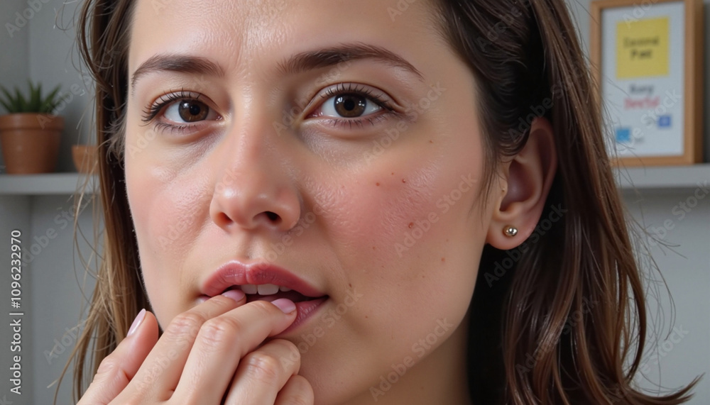 Thoughtful woman biting nails indoors in personal moment. Thoughtful woman biting nails indoors in personal moment.