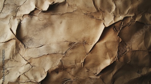 Detailed close-up of crumpled brown paper texture showcasing natural wrinkles, folds, and a rustic, organic look ideal for backgrounds, crafts, or design projects.