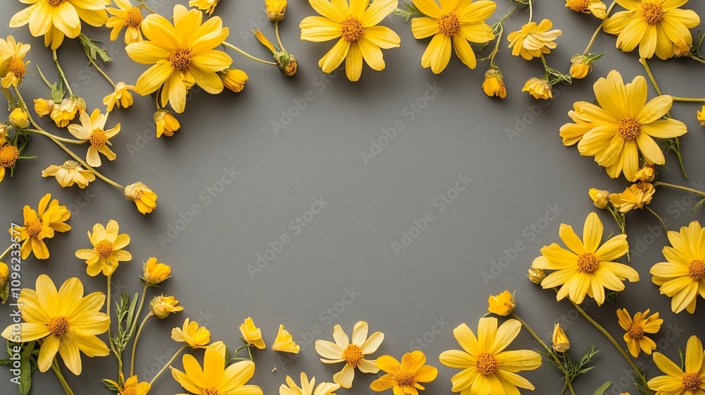 Vibrant yellow daisies form a heart-shaped frame against a neutral gray background, creating a cheerful and romantic floral composition perfect for spring. Vibrant yellow daisies form a heart-shaped frame against a neutral gray background, creating a cheerful and romantic floral composition perfect for spring.