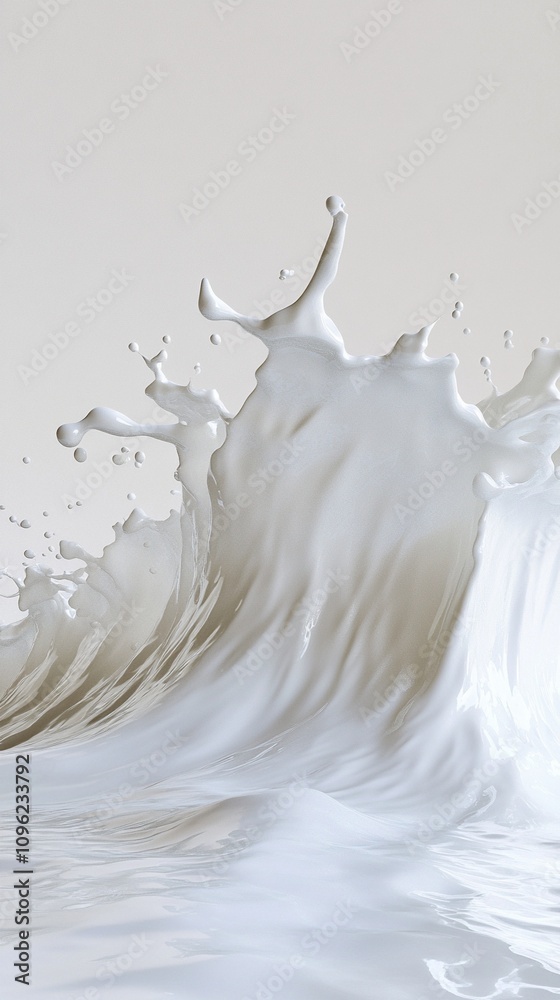 Dynamic white milk splash captured in mid-motion, showcasing fluid dynamics with intricate droplets and waves against a light background. Dynamic white milk splash captured in mid-motion, showcasing fluid dynamics with intricate droplets and waves against a light background.