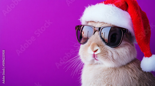 Cute rabbit in glasses and a Santa hat on a purple studio background
