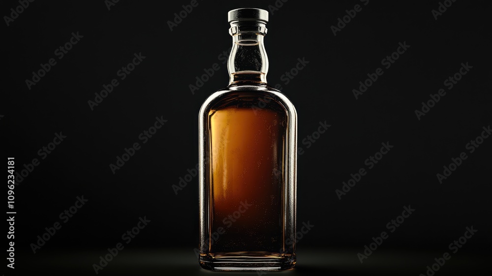 Elegant whiskey bottle showcasing deep amber liquid, beautifully illuminated against a sleek black background, highlighting its refined shape and smooth glass texture. Elegant whiskey bottle showcasing deep amber liquid, beautifully illuminated against a sleek black background, highlighting its refined shape and smooth glass texture.