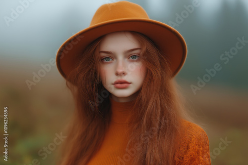 Portrait of Young Redhead Woman in Orange Hat and Sweater in Misty Outdoors, Serene and Contemplative Expression