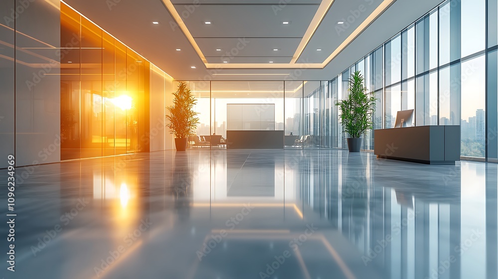 Obraz premium Dynamic office space with sunset view modern design urban setting
