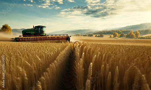 Combine Harvester Harvesting Golden Wheat Field in Rural Landscape