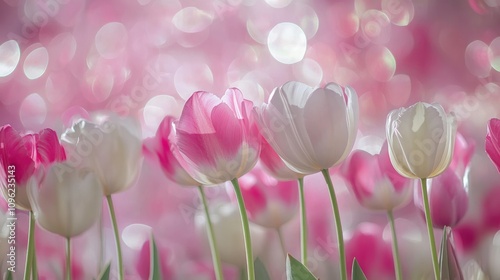 Vibrant pink and white tulips gracefully arranged with soft bokeh background, creating a dreamy and enchanting floral display that captures the essence of spring.