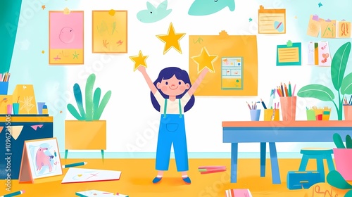 Cheerful Child Celebrating in a Colorful Art Studio Surrounded by Creative Supplies, Artworks, and a Bright, Playful Atmosphere for Inspiration and Imagination