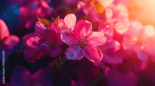 Close-up view of delicate pink apple blossoms bathed in warm sunlight, highlighting the beauty and vibrancy of springtime in nature.