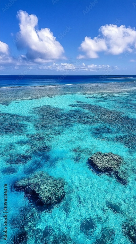 Aerial view of a pristine tropical coral reef with vibrant turquoise waters stretching to the horizon, dotted with patches of coral and framed by fluffy white clouds. Aerial view of a pristine tropical coral reef with vibrant turquoise waters stretching to the horizon, dotted with patches of coral and framed by fluffy white clouds.