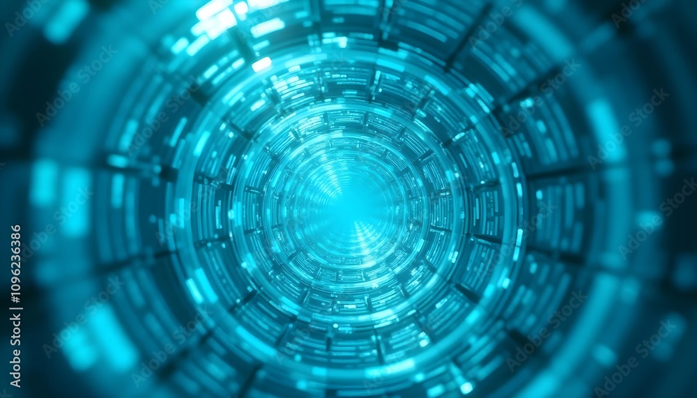 The glowing blue and cyan concentric circles and lines form futuristic, abstract sci-fi patterns,