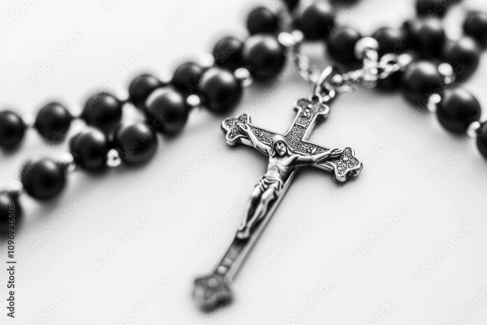 A close-up of a black rosary with a silver crucifix. The beads symbolize faith and devotion. This image captures the essence of spirituality and reflection. Generative AI A close-up of a black rosary with a silver crucifix. The beads symbolize faith and devotion. This image captures the essence of spirituality and reflection. Generative AI