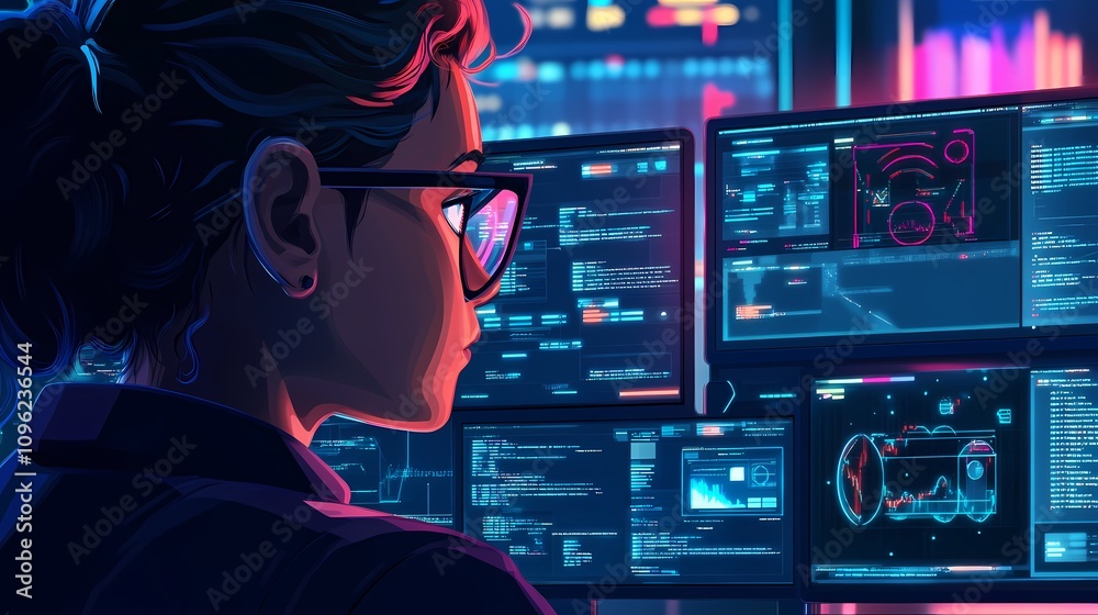 Detailed Analysis of a Female Data Analyst Working on Multiple Monitors in a Modern Tech Environment, Surrounded by Graphs and Code Representations Detailed Analysis of a Female Data Analyst Working on Multiple Monitors in a Modern Tech Environment, Surrounded by Graphs and Code Representations
