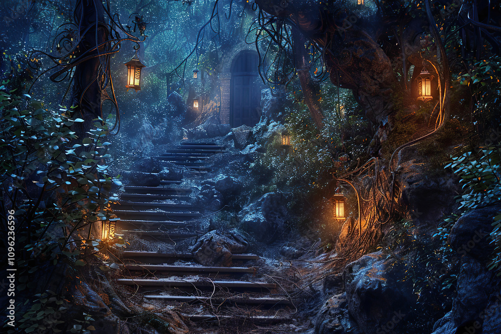 Fantastically door in wild forest leading to deep unknown Fantastically door in wild forest leading to deep unknown